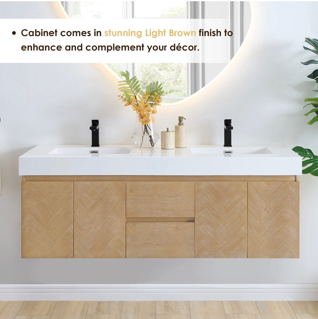 Altair Siena 60" Wall-mounted Double Bathroom Vanity in Light Brown with White Artificial Drop-in Sink