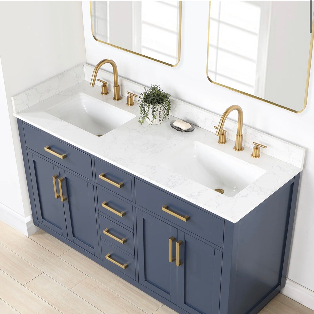 Altair Gavino 60" Double Bathroom Vanity in Light Brown with Grain White Engineered Stone Countertop without Mirror