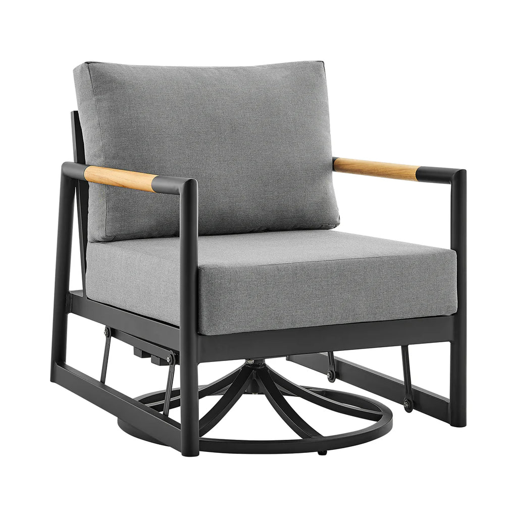 Armen Living Crown Outdoor Patio Swivel Glider Lounge Chair in Black Aluminum and Teak Wood with Cushions