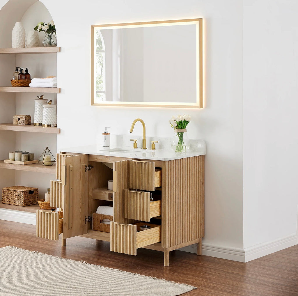 Altair Sierra 48" Single Bathroom Vanity in Washed Light Brown with Grain White Engineered Stone Countertop