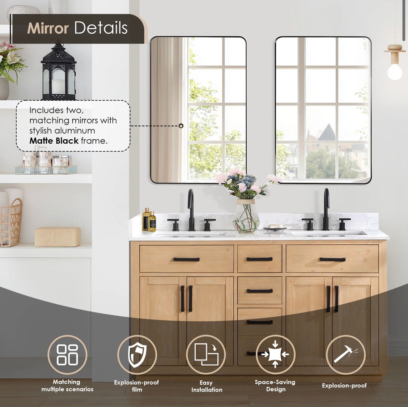 Altair Gavino 60" Double Bathroom Vanity in Light Brown with Grain White Engineered Stone Countertop without Mirror