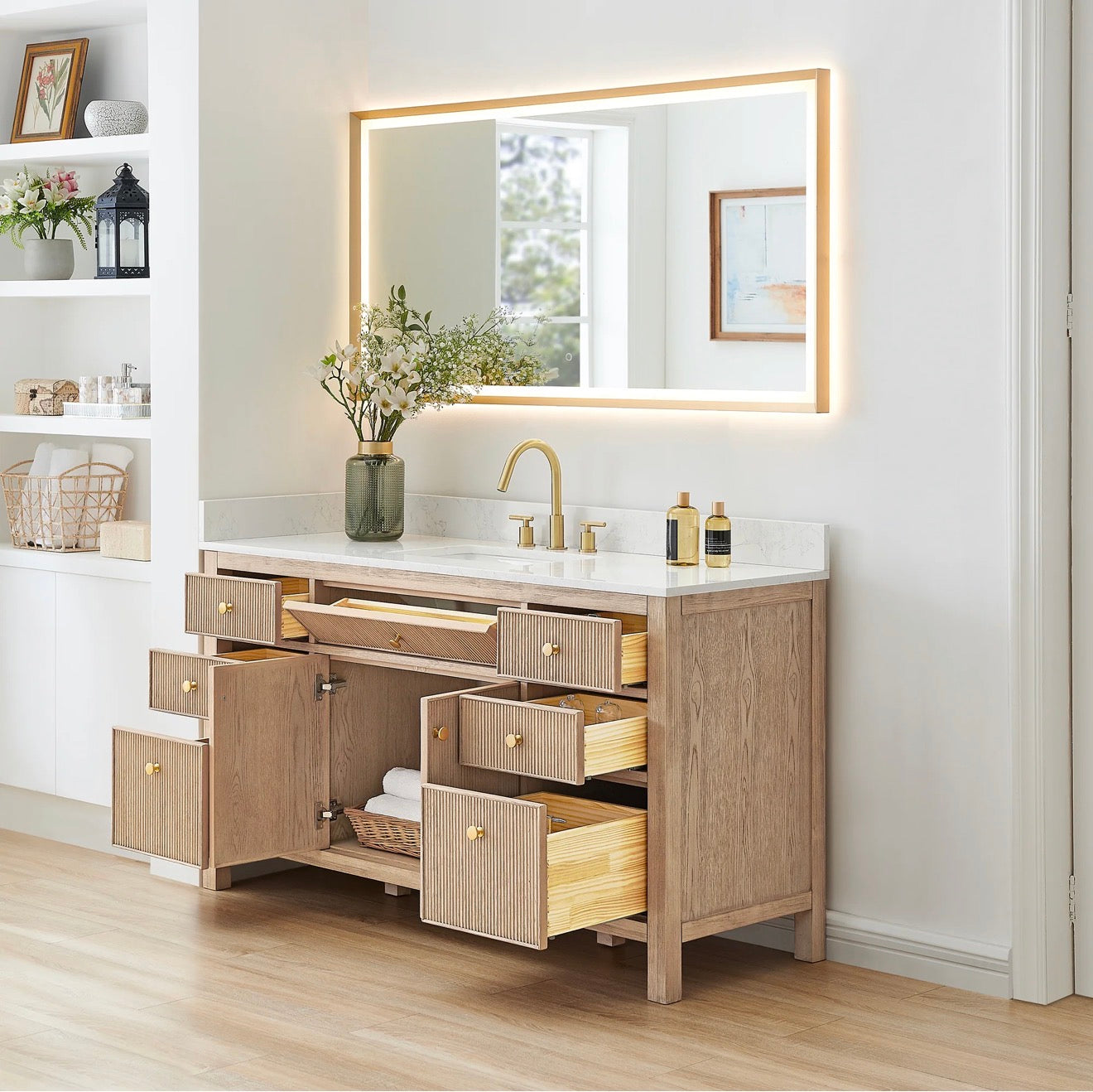 Altair Cerrito 60" Single Bathroom Vanity with Grain White Engineered Stone Countertop without Mirror