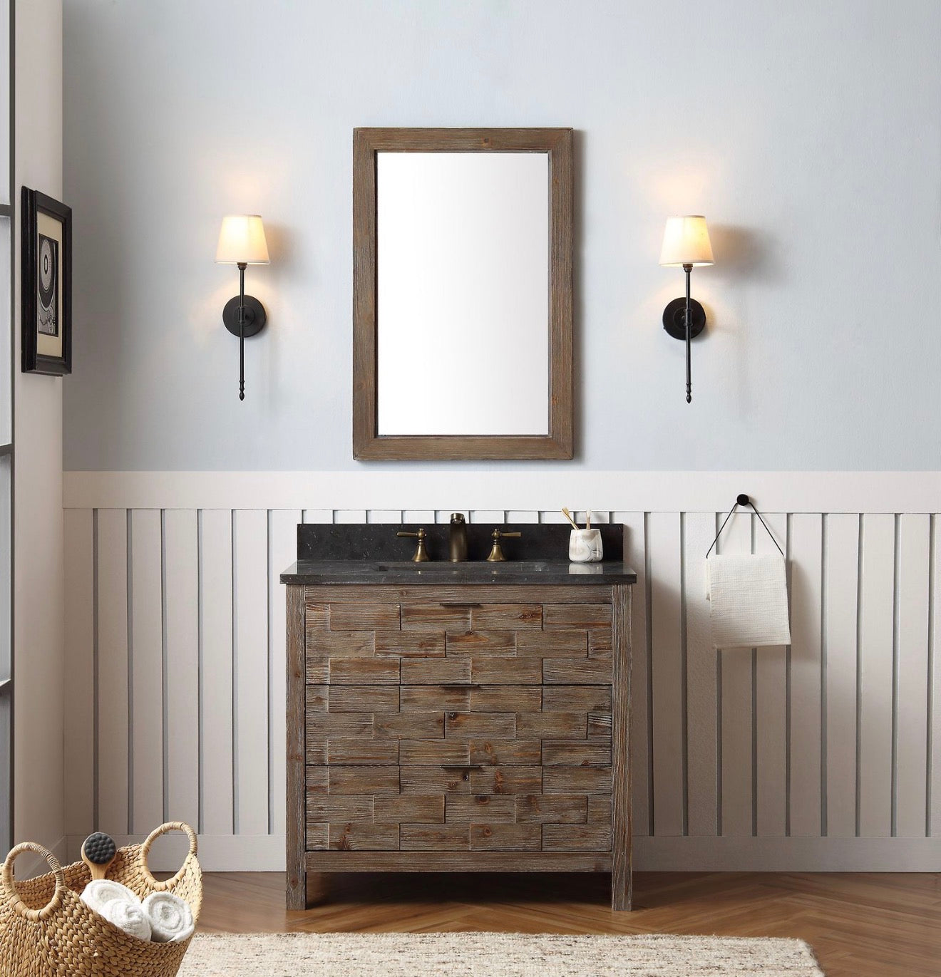 Legion Furniture 36" Rustic Solid Wood Bathroom Vanity with Moon Stone Marble Top – No Faucet