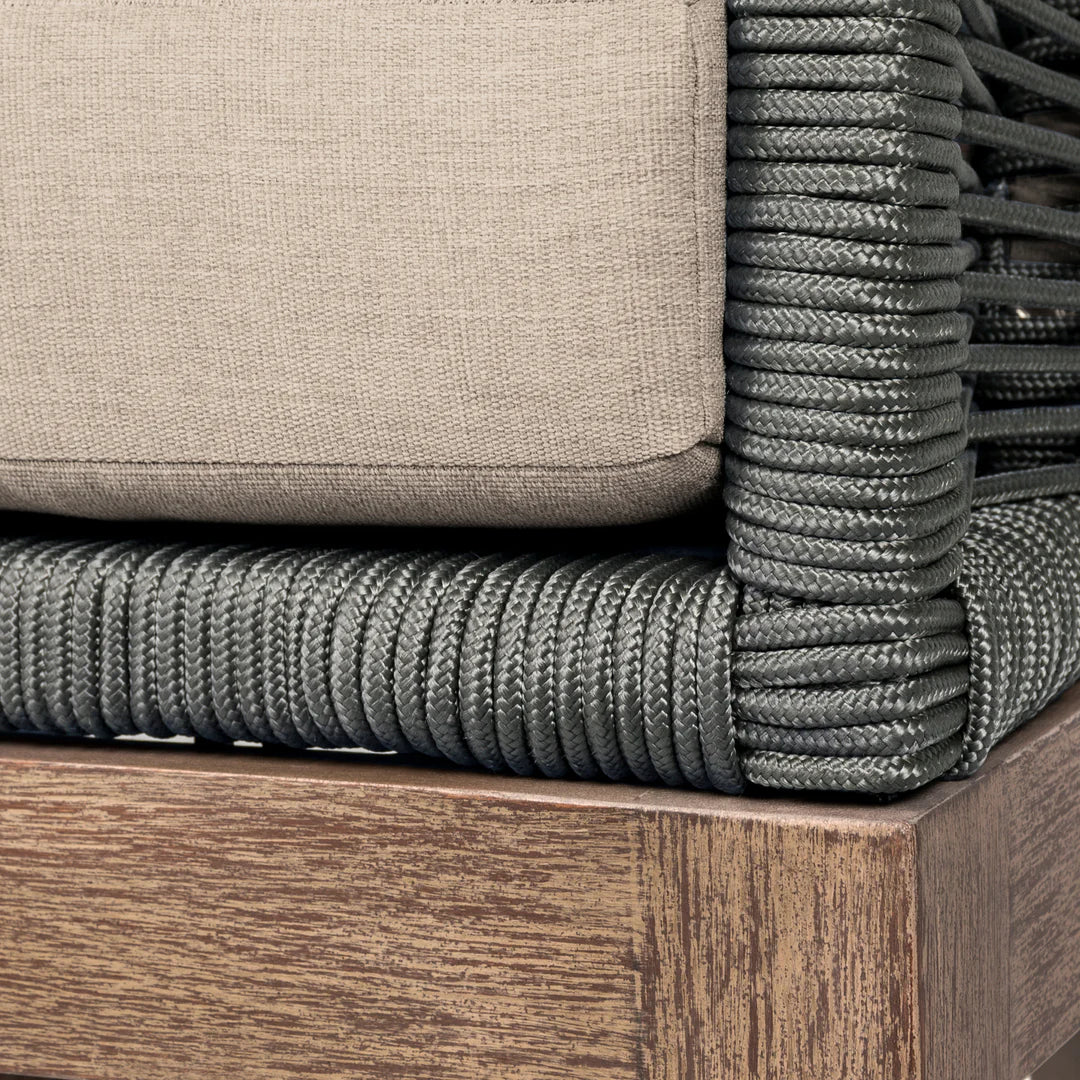 Armen Living Orbit Outdoor Patio Sofa in Weathered Eucalyptus Wood with Gray Rope and Taupe Olefin Cushions