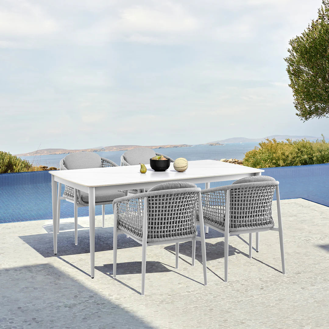 Armen Living  Rhodes Outdoor Patio 5 Piece Dining Set in Aluminum with Sintered Stone and Gray Cushions