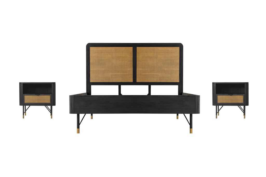 Armen Living Saratoga 3 Piece Bedroom Set in Black Acacia Wood and Rattan