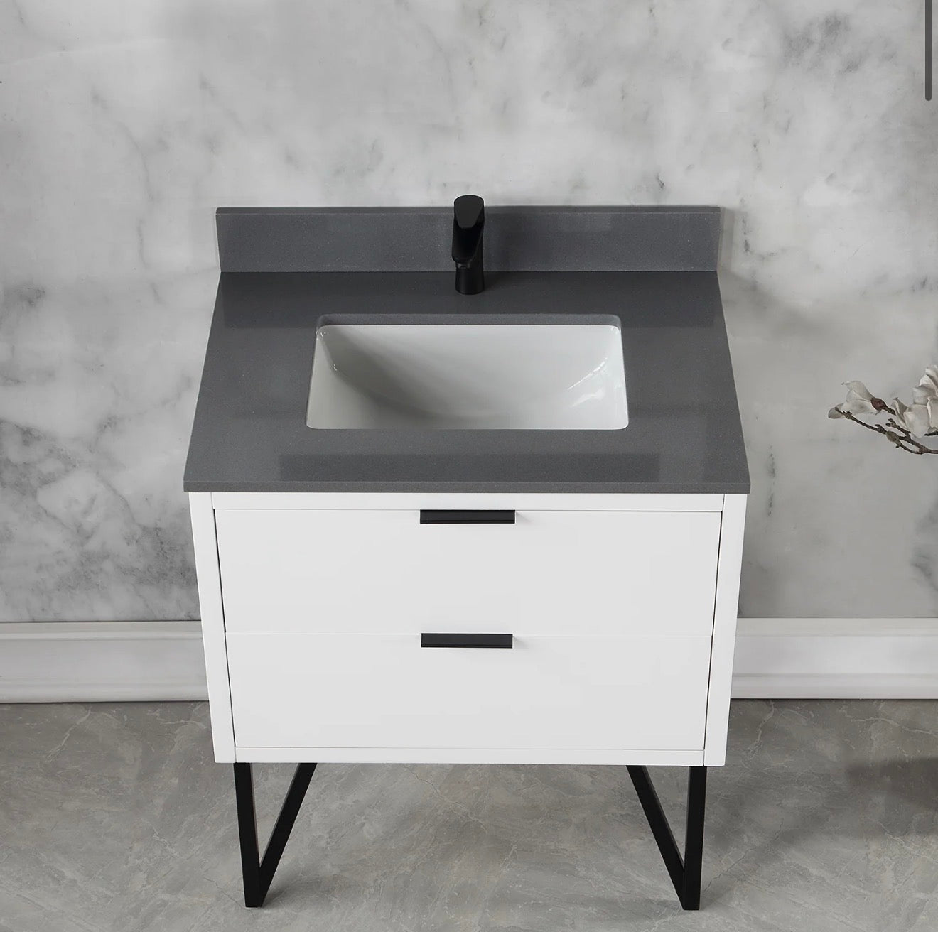 Altair Helios 30" Single Bathroom Vanity in White with Concrete Gray Engineered Stone Countertop