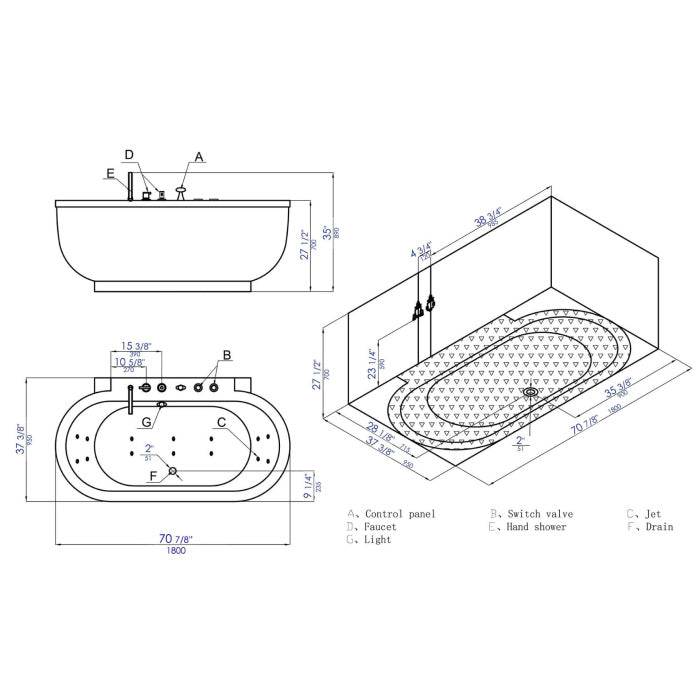 EAGO 6 ft Acrylic White Whirlpool Bathtub w Fixtures
