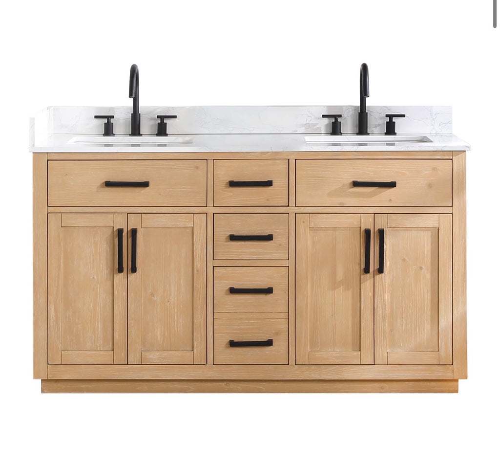 Altair Gavino 60" Double Bathroom Vanity in Light Brown with Grain White Engineered Stone Countertop without Mirror
