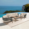 Armen Living Orbit Outdoor Patio 4 Piece Conversation Set in Weathered Eucalyptus Wood with Gray Rope and Taupe Olefin Cushions