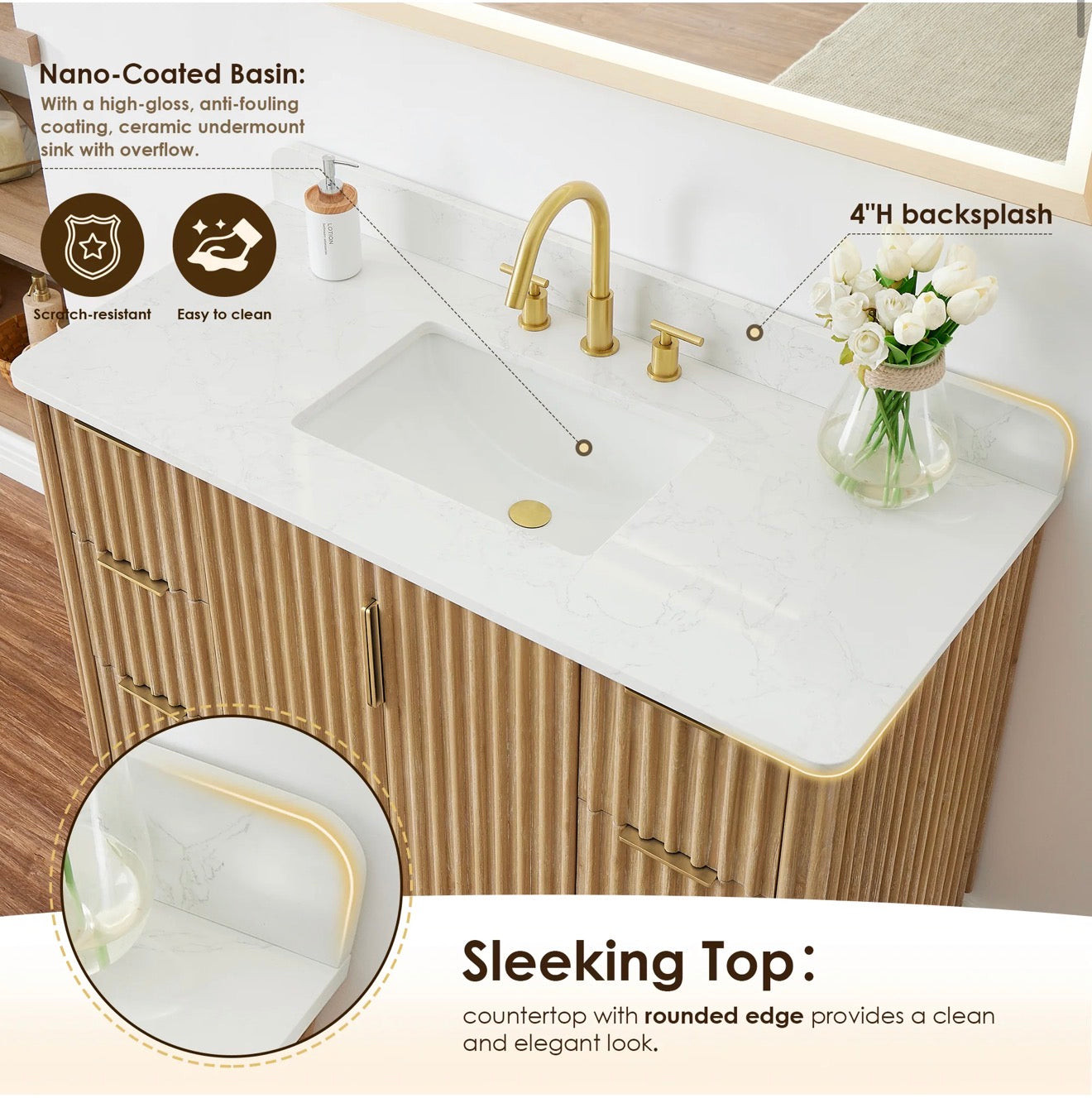 Altair Sierra 48" Single Bathroom Vanity in Washed Light Brown with Grain White Engineered Stone Countertop