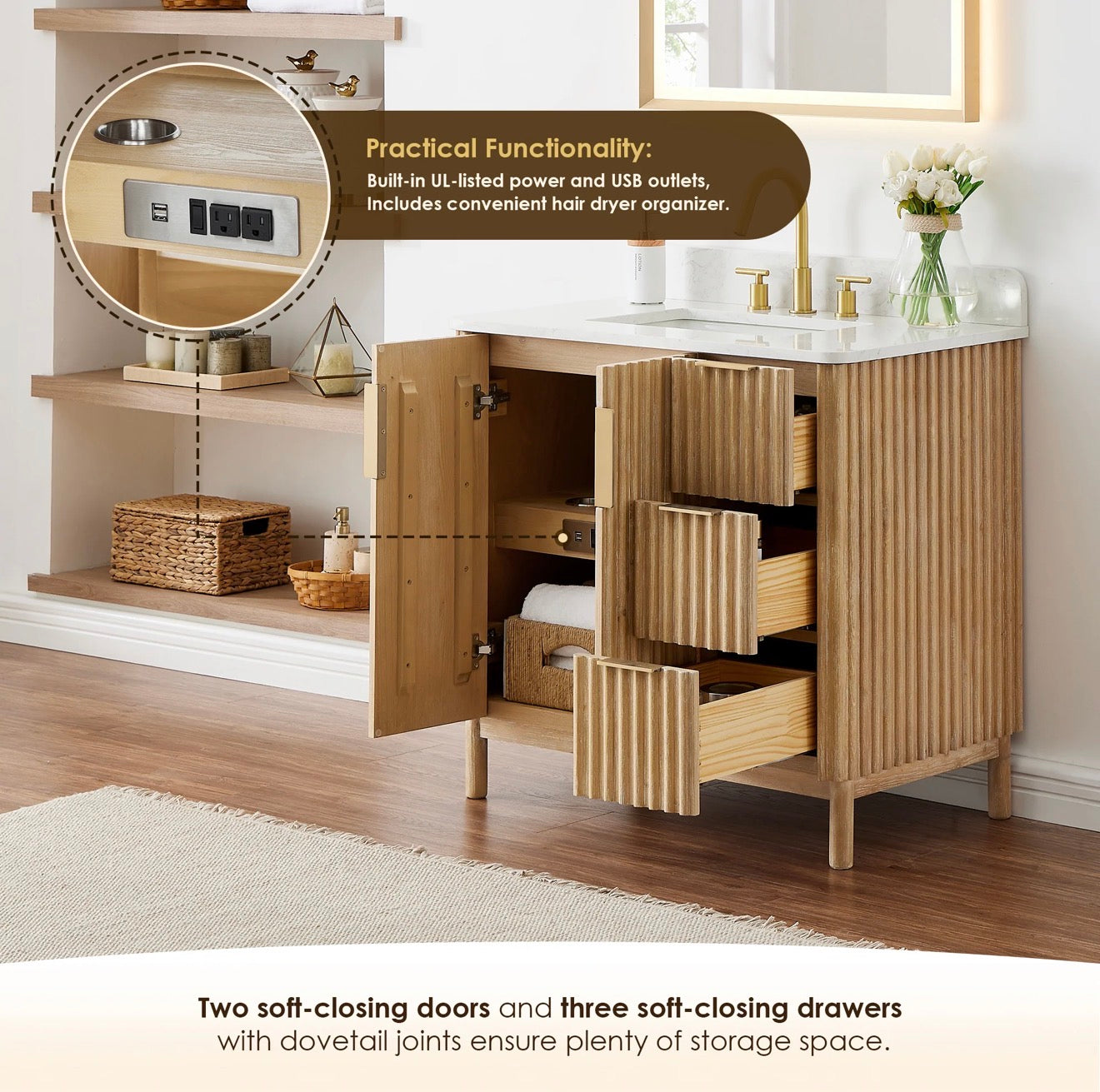 Altair Sierra 36" Single Bathroom Vanity in Washed Light Brown with Grain White Engineered Stone Countertop without Mirror