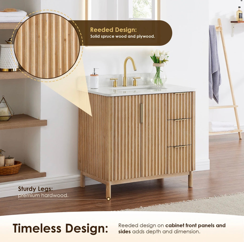 Altair Sierra 36" Single Bathroom Vanity in Washed Light Brown with Grain White Engineered Stone Countertop without Mirror