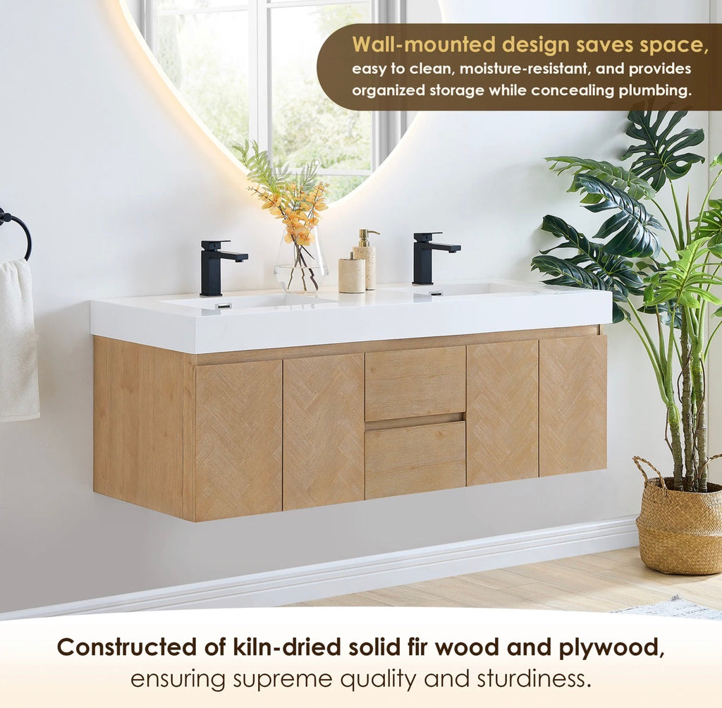 Altair Siena 60" Wall-mounted Double Bathroom Vanity in Light Brown with White Artificial Drop-in Sink