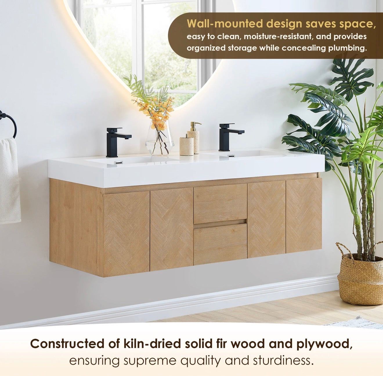 Altair Siena 60" Wall-mounted Double Bathroom Vanity in Light Brown with White Artificial Drop-in Sink