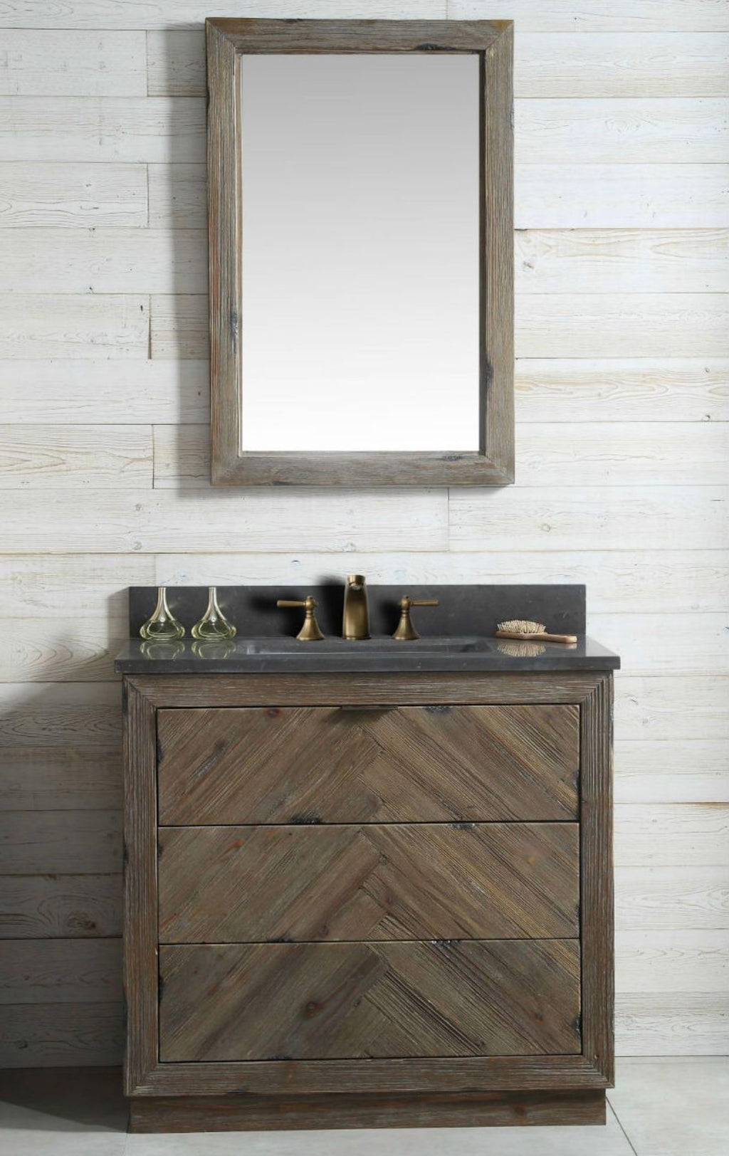 Legion Furniture Rustic Solid Wood Bathroom Vanity with Natural Moon Stone Top – No Faucet