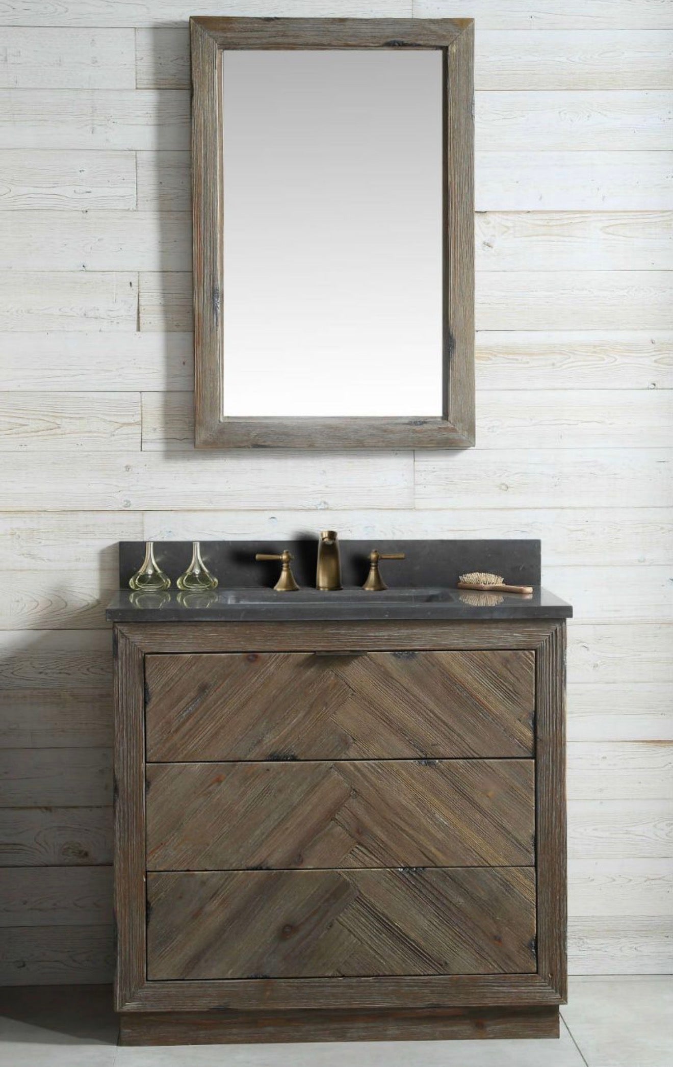 Legion Furniture Rustic Solid Wood Bathroom Vanity with Natural Moon Stone Top – No Faucet
