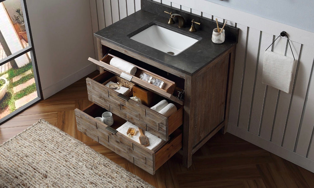 Legion Furniture 36" Rustic Solid Wood Bathroom Vanity with Moon Stone Marble Top – No Faucet