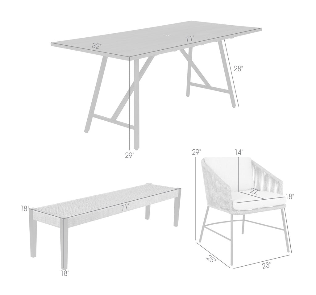 Armen Living Frinton Ditas and Rhett 6 Piece Outdoor Dining Set with Dark Eucalyptus Wood and Gray Rope and Cushions