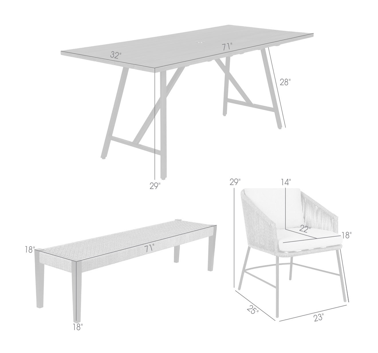 Armen Living Frinton Ditas and Rhett 6 Piece Outdoor Dining Set with Dark Eucalyptus Wood and Gray Rope and Cushions