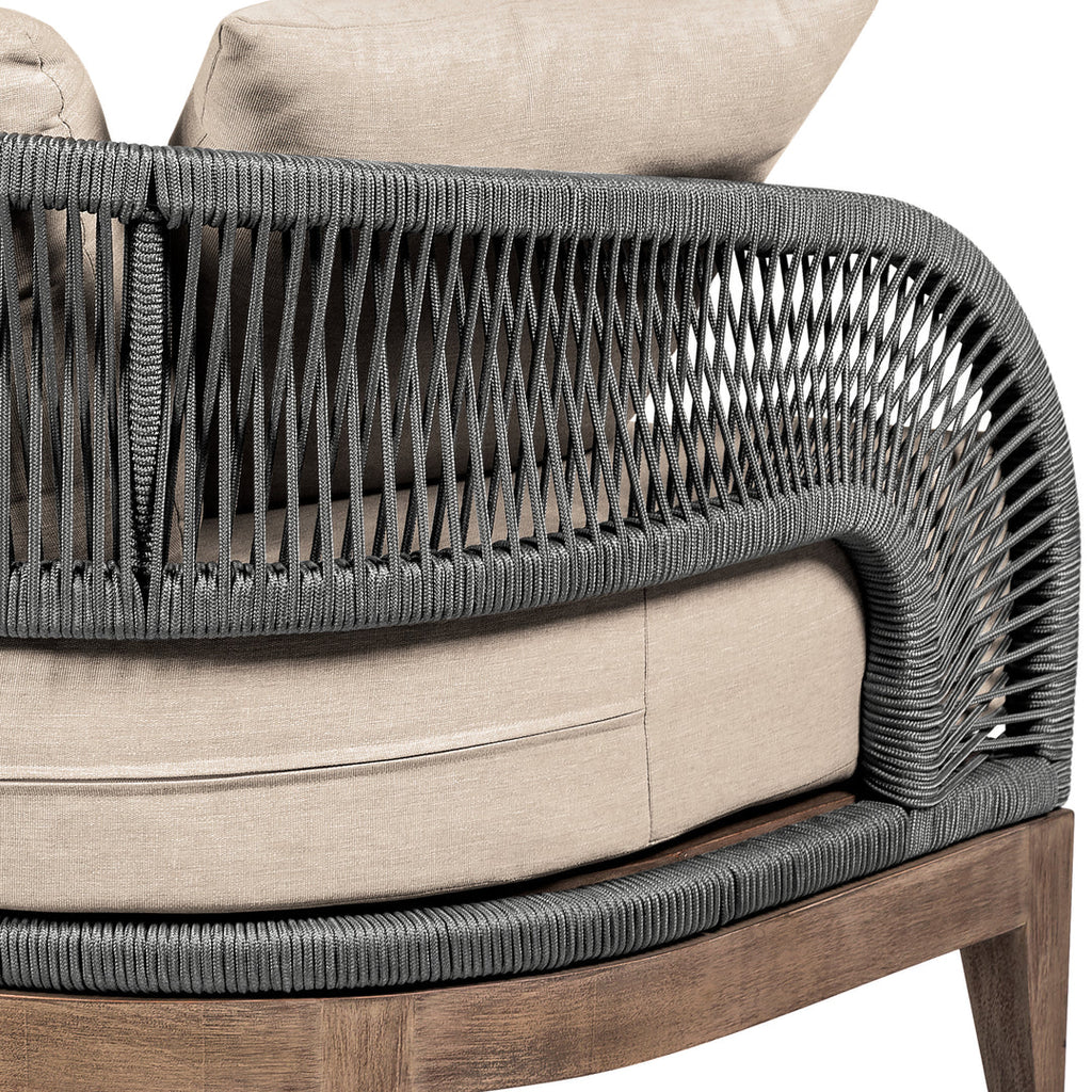 Armen Living Orbit Outdoor Patio Sofa in Weathered Eucalyptus Wood with Gray Rope and Taupe Olefin Cushions
