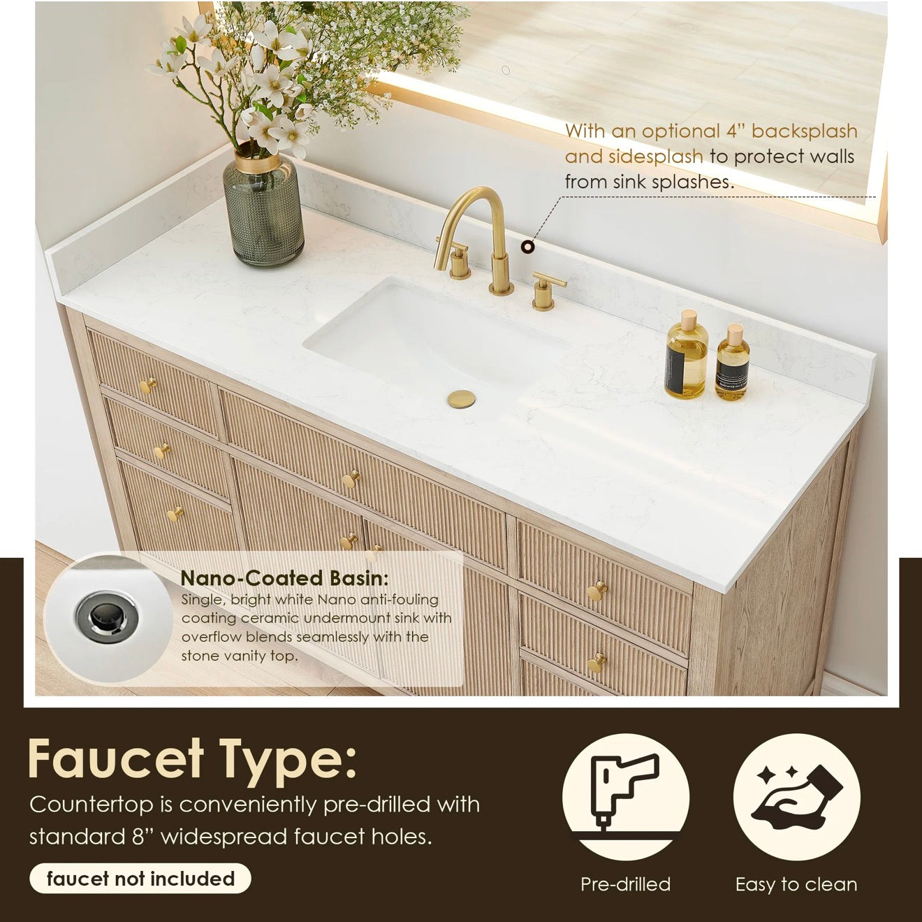 Altair Cerrito 60" Single Bathroom Vanity with Grain White Engineered Stone Countertop without Mirror