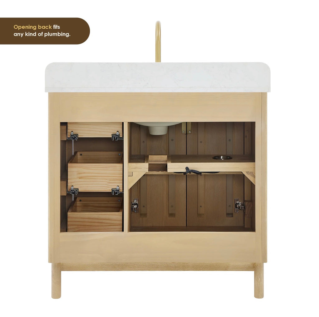 Altair Sierra 36" Single Bathroom Vanity in Washed Light Brown with Grain White Engineered Stone Countertop without Mirror