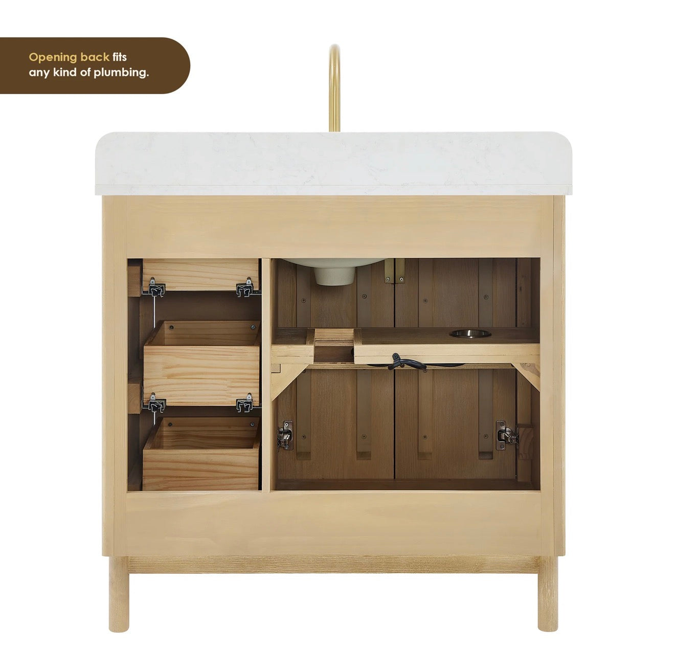 Altair Sierra 36" Single Bathroom Vanity in Washed Light Brown with Grain White Engineered Stone Countertop without Mirror