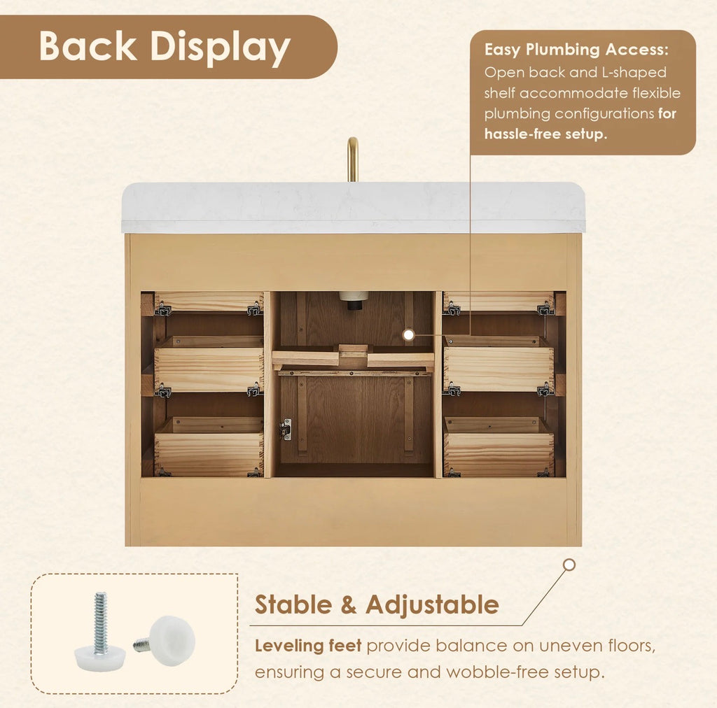 Altair Milner Bathroom Vanity in Brushed Oak with Grain White Engineered Stone Countertop without Mirror