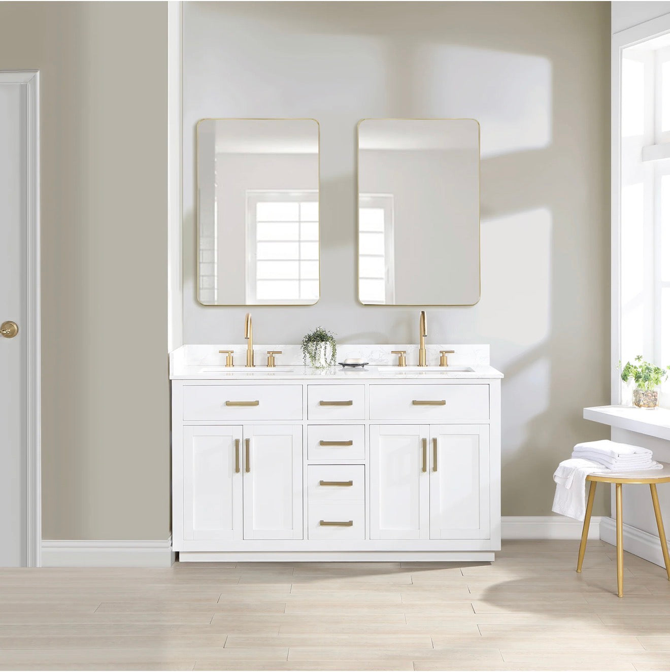Altair Gavino 60" Double Bathroom Vanity in Light Brown with Grain White Engineered Stone Countertop without Mirror
