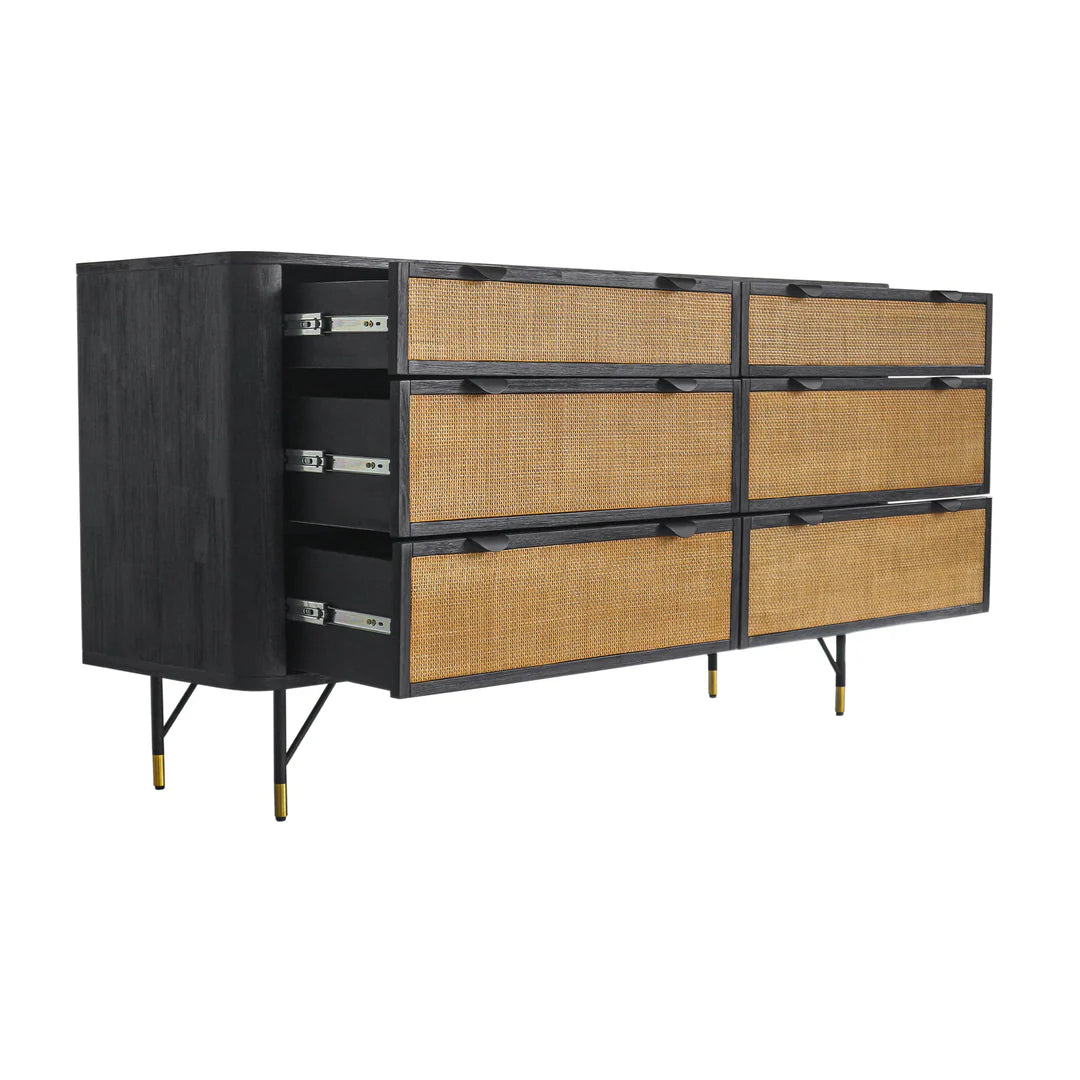 Armen Living  Saratoga 4 Piece Bedroom Set in Black Acacia Wood and Rattan