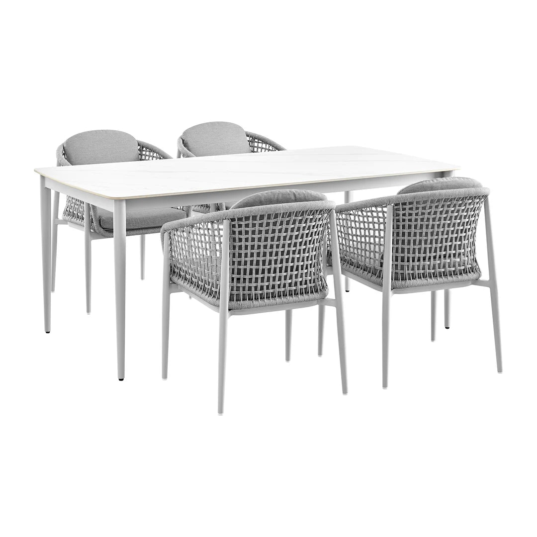 Armen Living  Rhodes Outdoor Patio 5 Piece Dining Set in Aluminum with Sintered Stone and Gray Cushions
