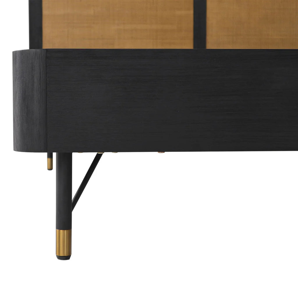 Armen Living Saratoga Platform Frame Bed in Black Acacia with Rattan Headboard