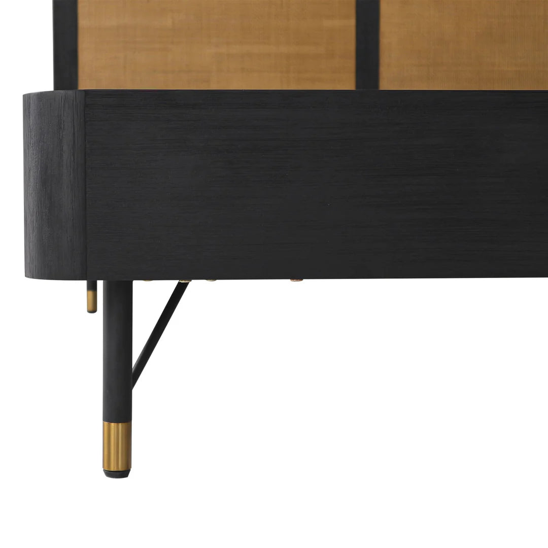 Armen Living Saratoga Platform Frame Bed in Black Acacia with Rattan Headboard