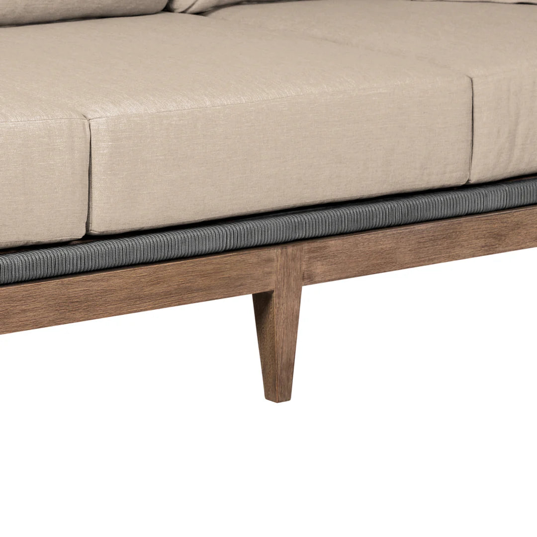 Armen Living Orbit Outdoor Patio Sofa in Weathered Eucalyptus Wood with Gray Rope and Taupe Olefin Cushions