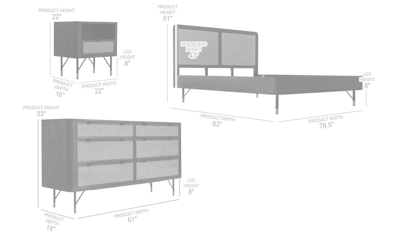 Armen Living  Saratoga 4 Piece Bedroom Set in Black Acacia Wood and Rattan