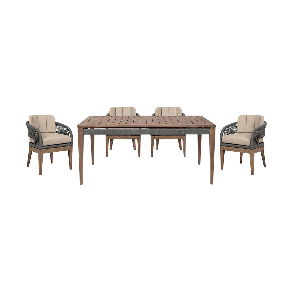 Armen Living Orbit Outdoor Patio 5 Piece Dining Set in Weathered Eucalyptus Wood with Gray Rope and Taupe Olefin Cushions