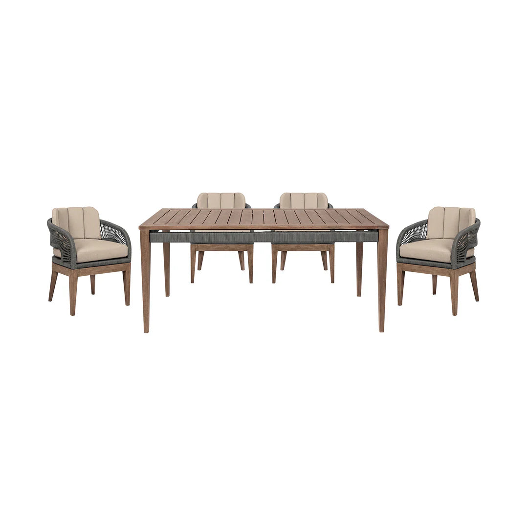 Armen Living Orbit Outdoor Patio 5 Piece Dining Set in Weathered Eucalyptus Wood with Gray Rope and Taupe Olefin Cushions