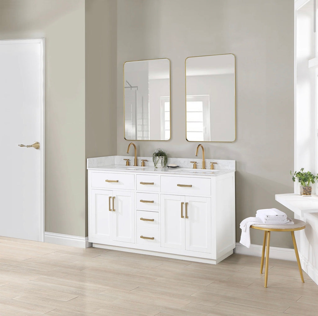 Altair Gavino 60" Double Bathroom Vanity in Light Brown with Grain White Engineered Stone Countertop without Mirror