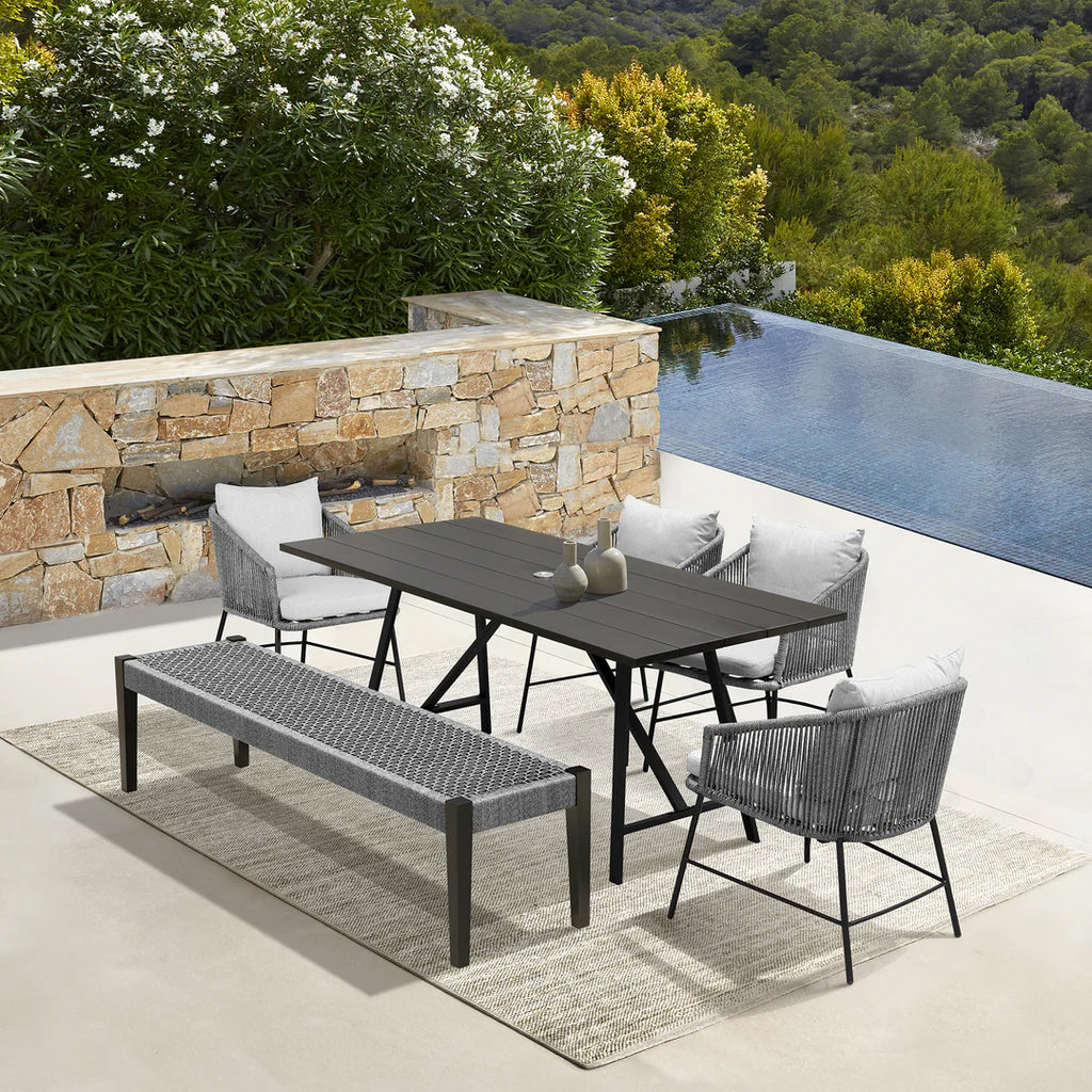 Armen Living Frinton Ditas and Rhett 6 Piece Outdoor Dining Set with Dark Eucalyptus Wood and Gray Rope and Cushions
