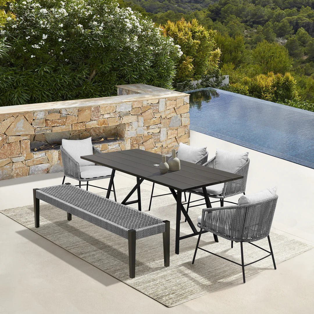 Armen Living Frinton Ditas and Rhett 6 Piece Outdoor Dining Set with Dark Eucalyptus Wood and Gray Rope and Cushions