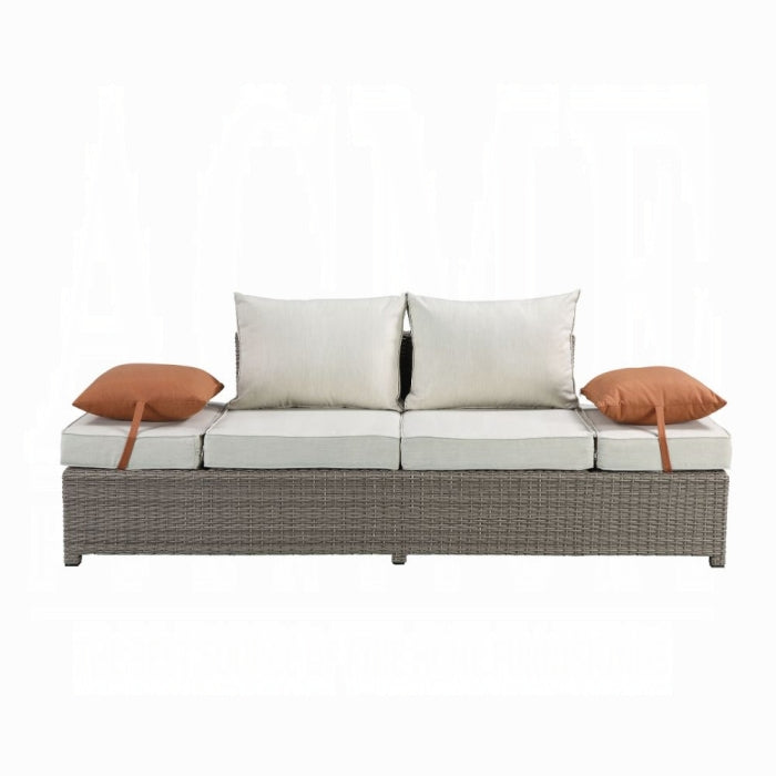 ACME Beige Fabric & Gray Wicker Salena Patio Sofa W/2 Pillows & Ottoman