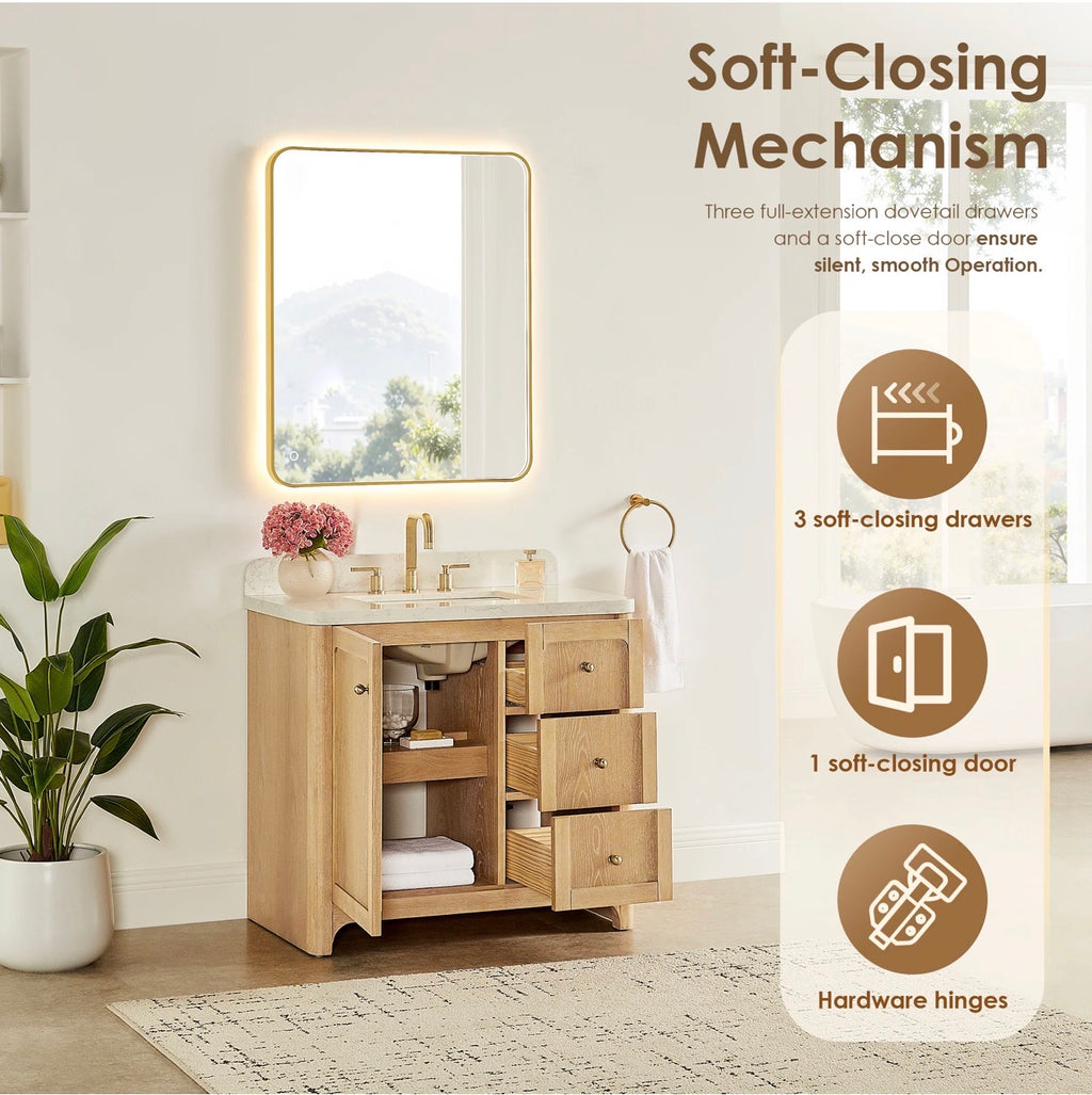 Altair Milner Bathroom Vanity in Brushed Oak with Grain White Engineered Stone Countertop without Mirror