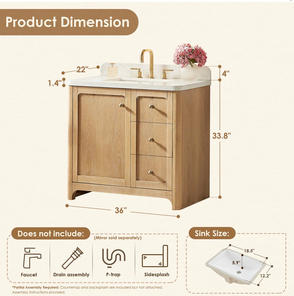 Altair Milner Bathroom Vanity in Brushed Oak with Grain White Engineered Stone Countertop without Mirror