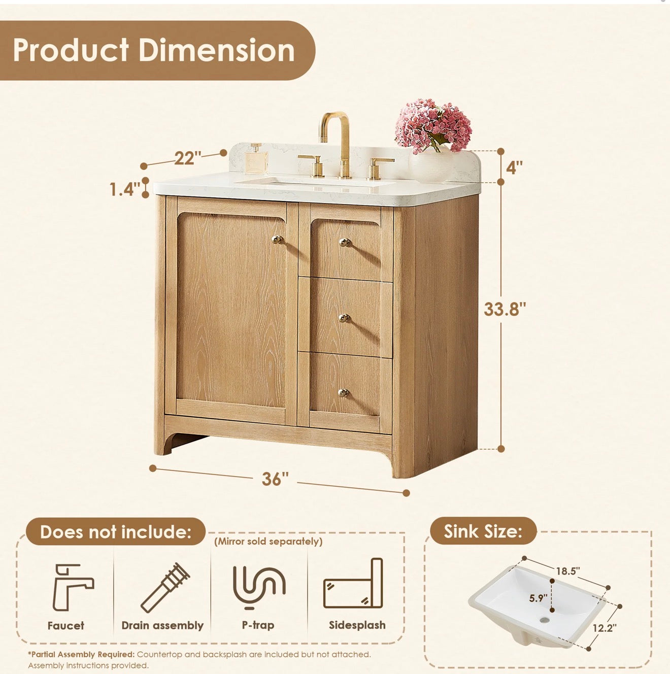 Altair Milner Bathroom Vanity in Brushed Oak with Grain White Engineered Stone Countertop without Mirror