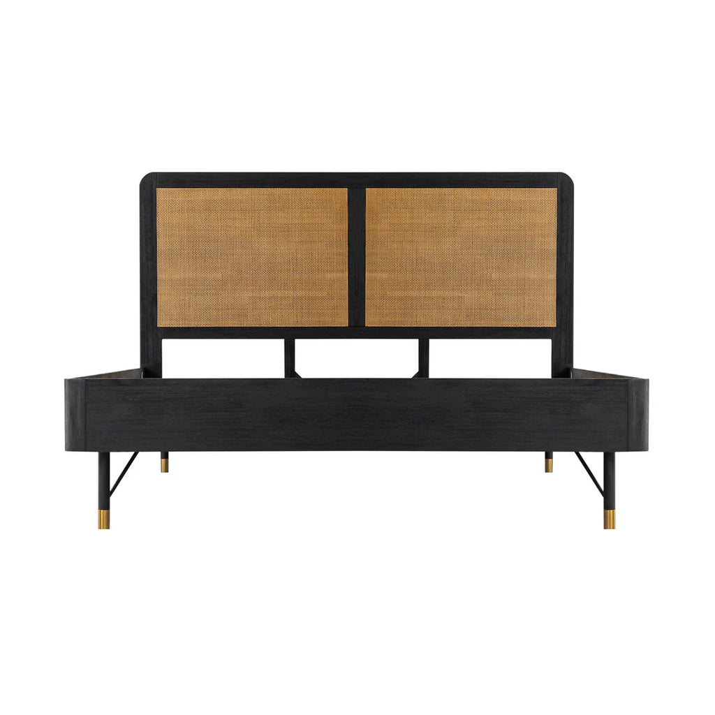 Armen Living Saratoga Platform Frame Bed in Black Acacia with Rattan Headboard