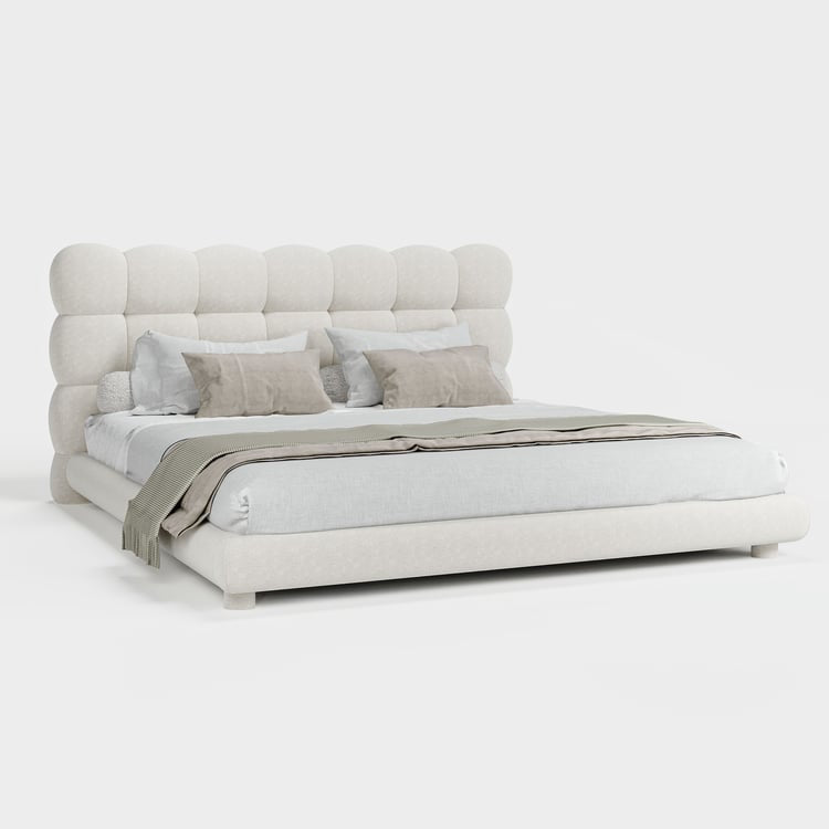 White Bouclé Upholstered Platform Bubble Queen Bed Frame