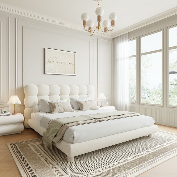White Bouclé Upholstered Platform Bubble Queen Bed Frame