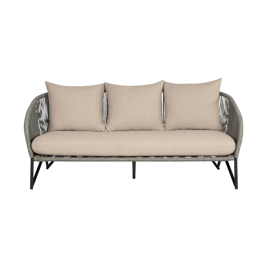 Armen Living  Benicia Outdoor Patio Sofa in Black Steel with Gray Rope and Taupe Olefin Cushions