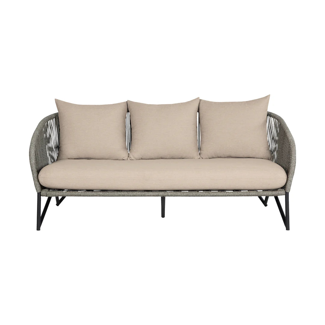 Armen Living  Benicia Outdoor Patio Sofa in Black Steel with Gray Rope and Taupe Olefin Cushions